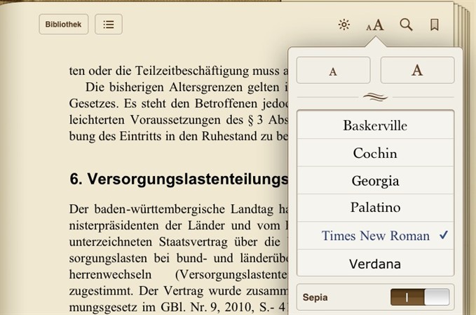 Schriftmenü iPad